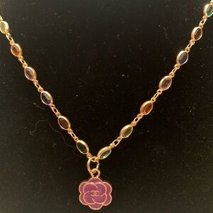 14k gold plated Multicolor link Necklace with  Upcycled Camellia Pendant
